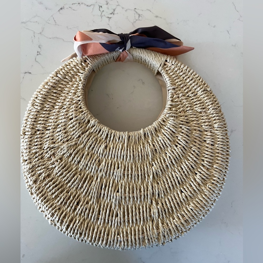 Circle Straw Madison West Handbag with Ribbon Accent